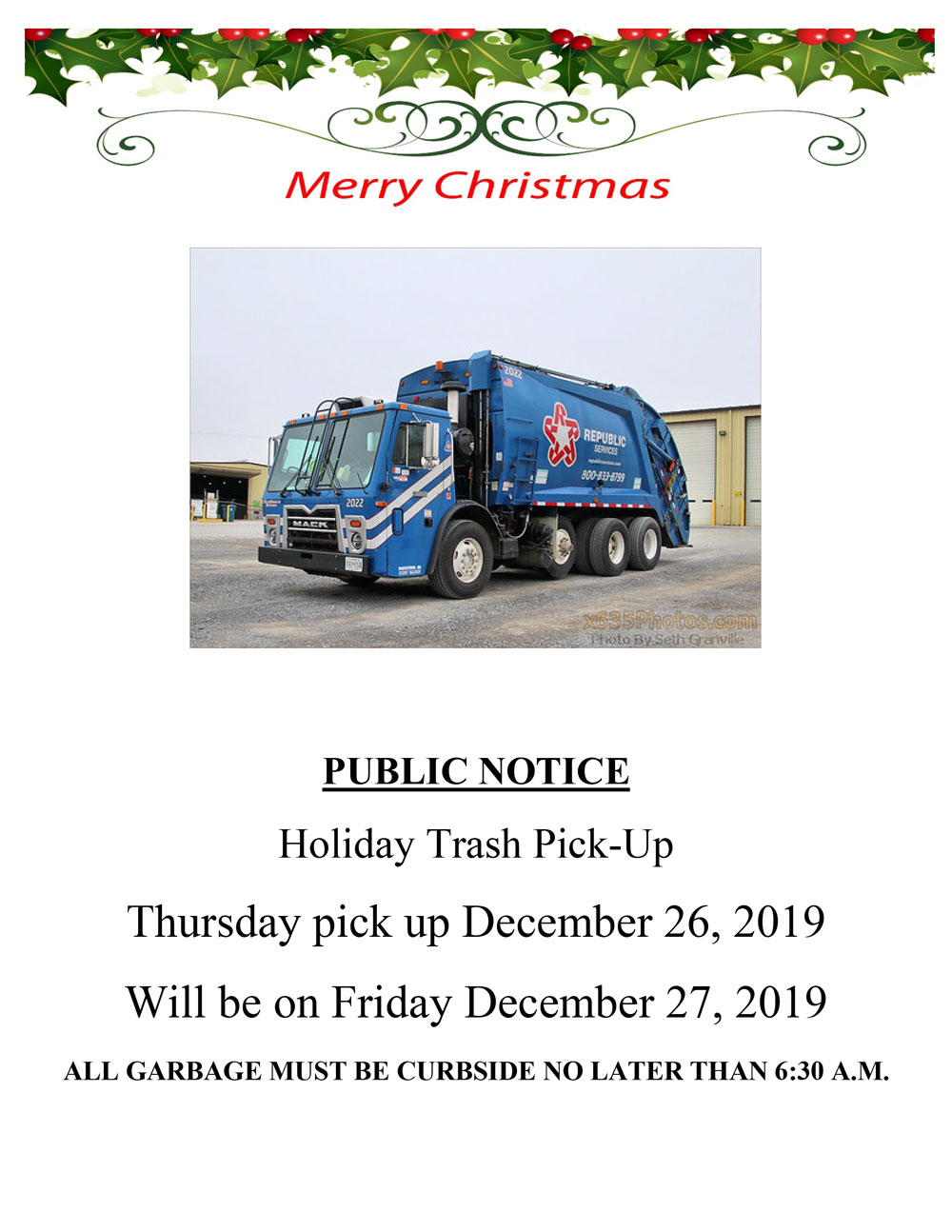 PUBLIC NOTICE Holiday Trash PickUp Town of Terry